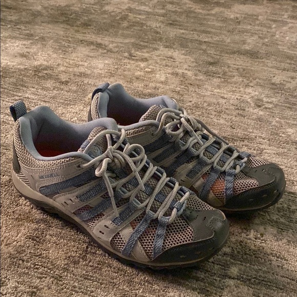 Merrell Gray and Blue Hiking Shoes - women’s size 7.5 - lace up- mesh front - Picture 1 of 7